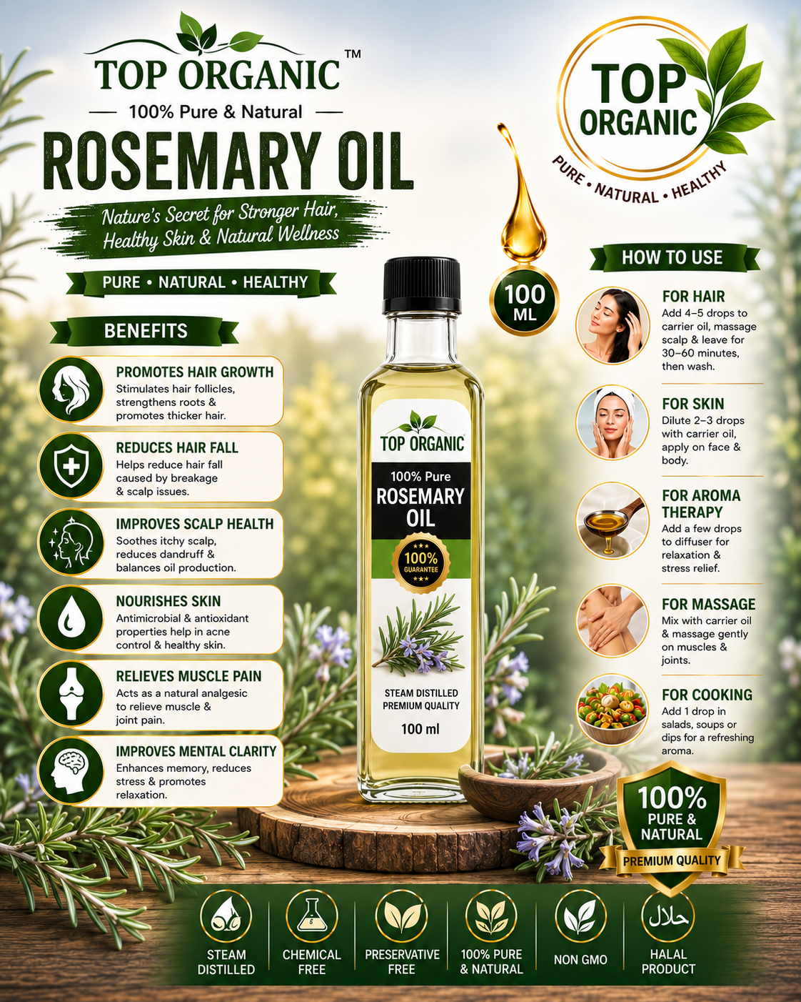 TOP ORGANIC Premium Rosemary Oil 100ml | 100% Pure Rosemary Essential Oil