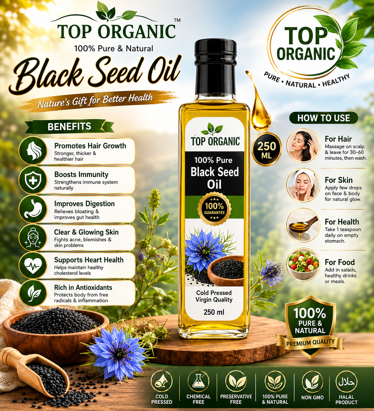 TOP ORGANIC Black Seed Oil 250ml | 100% Pure Cold Pressed Kalonji Oil | Premium Quality