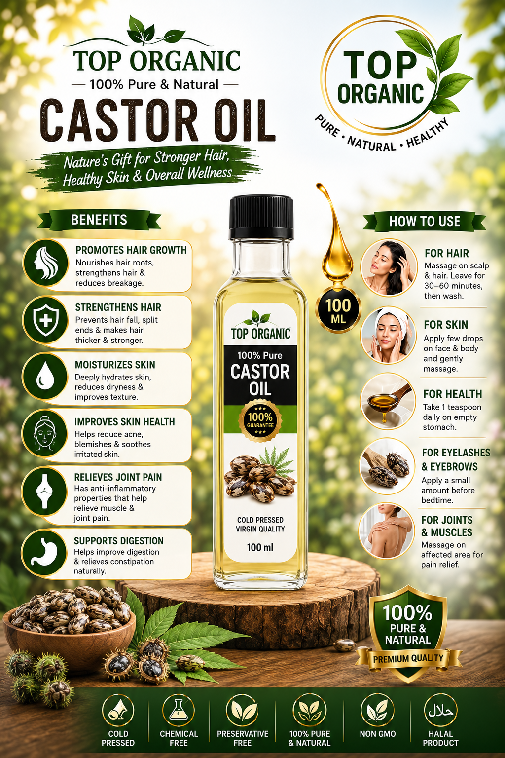 TOP ORGANIC Premium Castor Oil 100ml | 100% Pure Cold Pressed Castor Oil