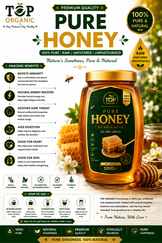 TOP ORGANIC Pure Honey 500g Jar | 100% Natural Premium Honey | Pure Honey Pakistan
