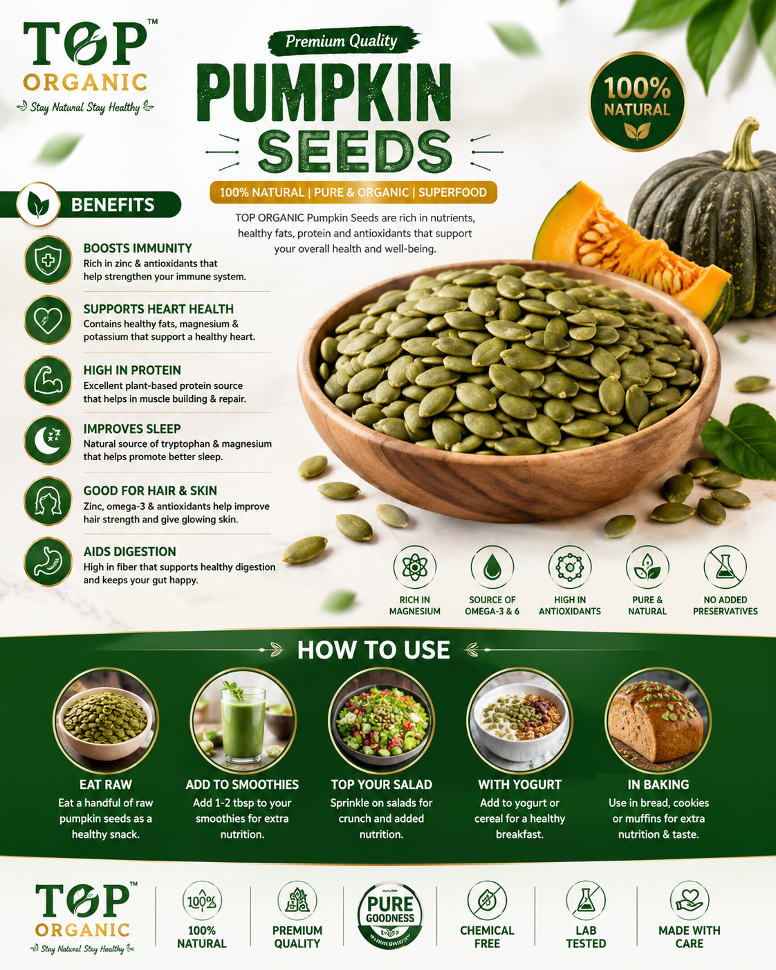 TOP ORGANIC Premium Pumpkin Seeds 100g | 100% Natural & Healthy Snack