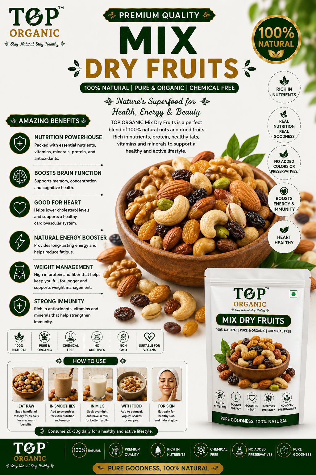 TOP ORGANIC Premium Mixed Dry Fruits 100g | Natural Assorted Nuts & Dry Fruits