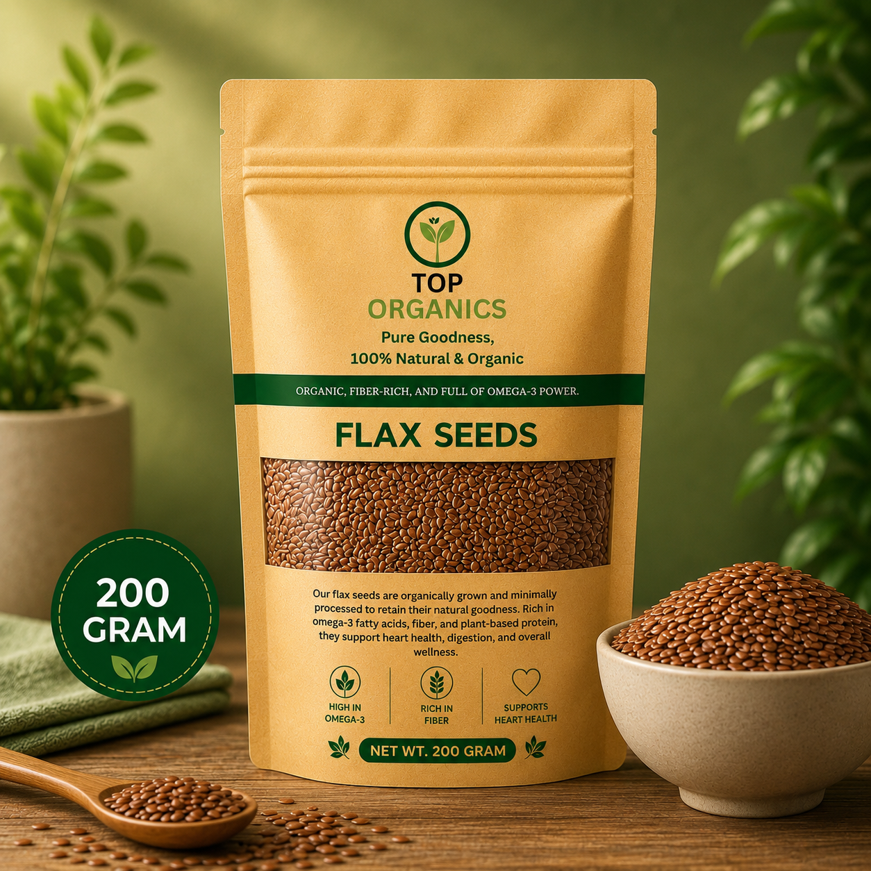 TOP ORGANIC Premium Flax Seeds 200g | 100% Natural & Organic Superfood