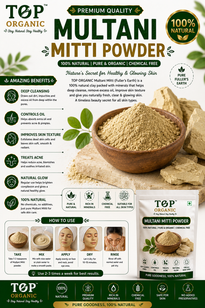 TOP ORGANIC Premium Multani Mitti Powder 200g | 100% Natural Fuller’s Earth