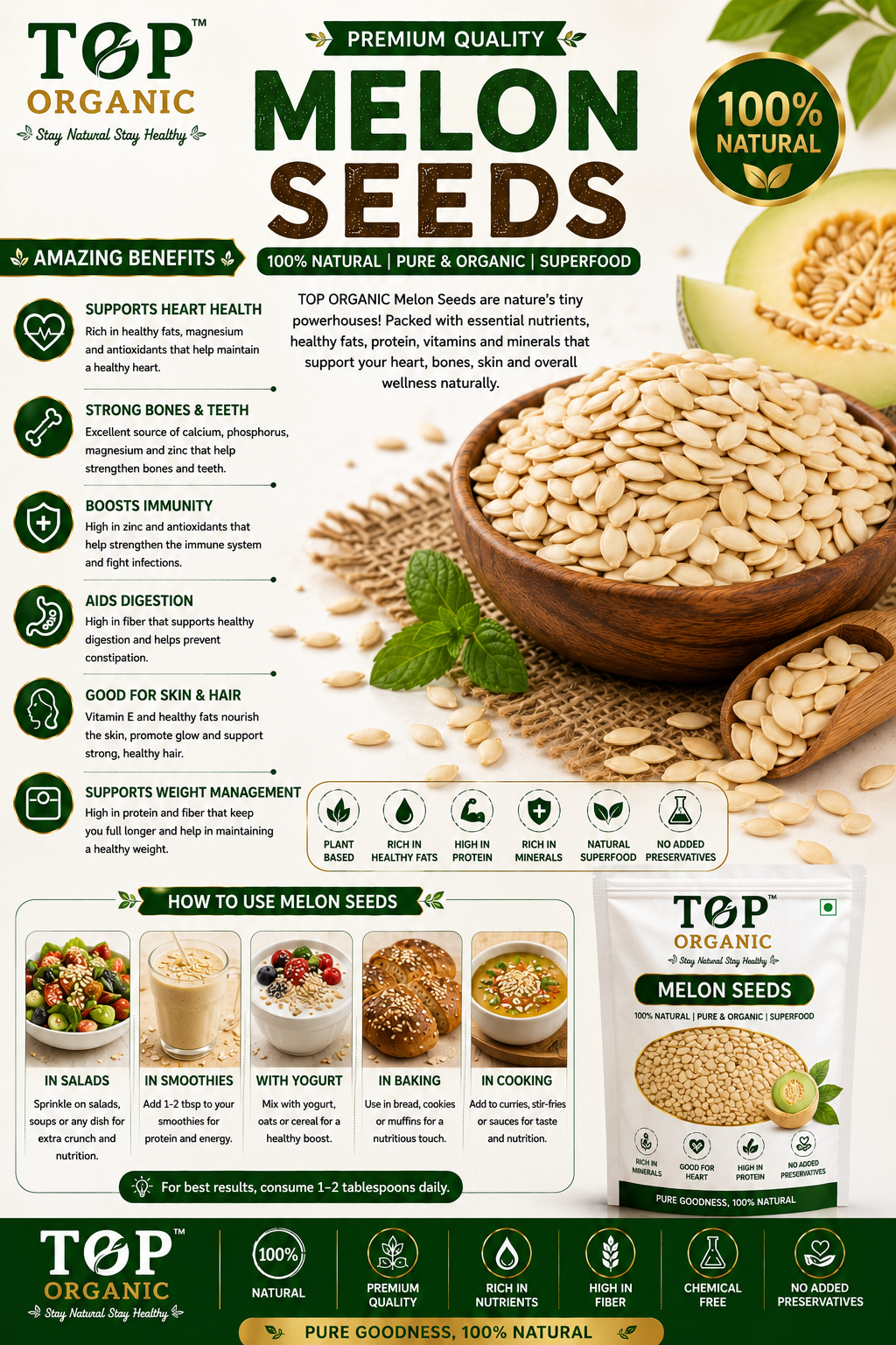 TOP ORGANIC Premium Melon Seeds 100g | 100% Natural & Healthy Seeds