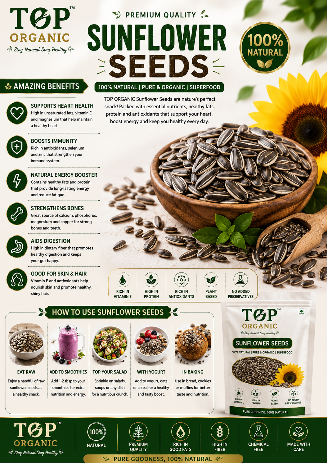 TOP ORGANIC Premium Sunflower Seeds 100g | 100% Natural & Healthy Seeds