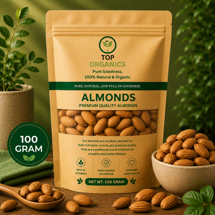 TOP ORGANIC Premium Almonds 100g | 100% Natural & Fresh Almonds | Badam Pakistan
