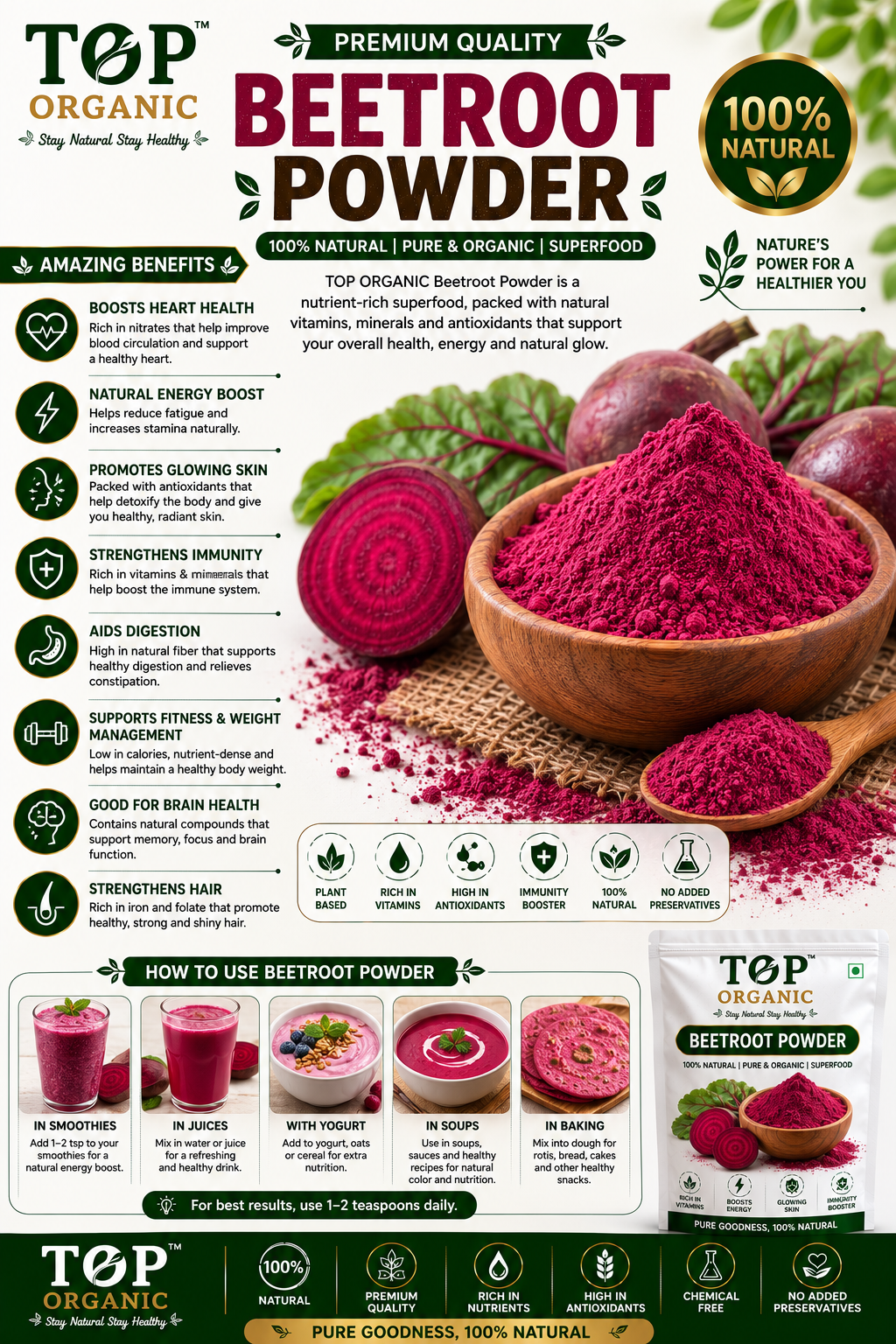 TOP ORGANIC Premium Beetroot Powder 100g | 100% Natural Beet Root Powder