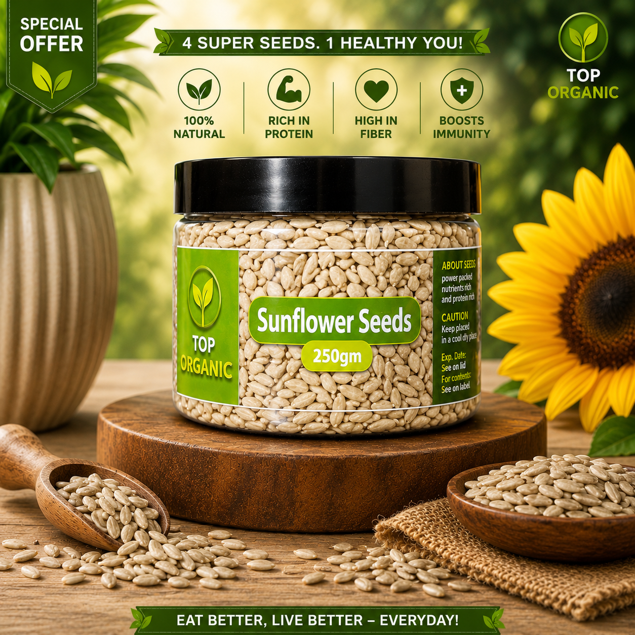 TOP ORGANIC Premium Sunflower Seeds 250g Jar | 100% Natural & Healthy Seeds