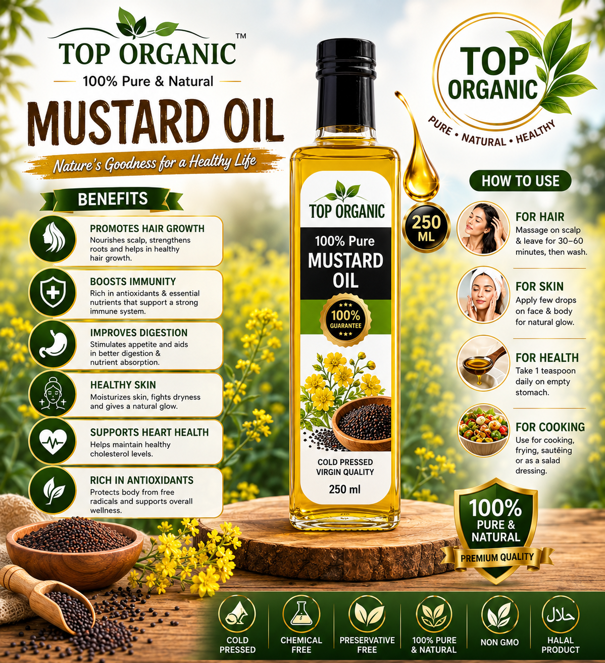 TOP ORGANIC Premium Mustard Oil 250ml | 100% Pure Cold Pressed Sarson Oil