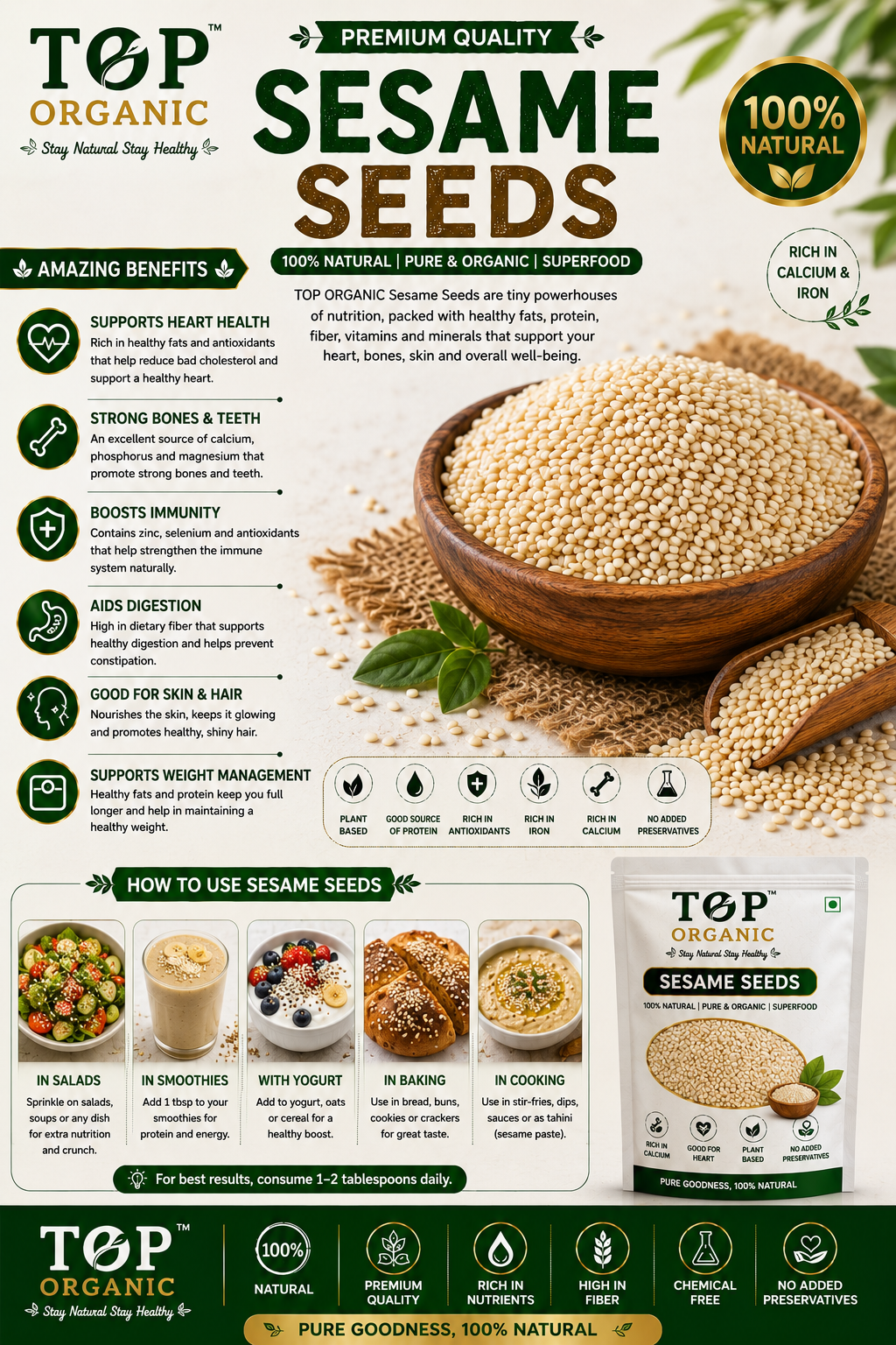 TOP ORGANIC Premium Sesame Seeds 200g | 100% Natural & Organic Til Seeds