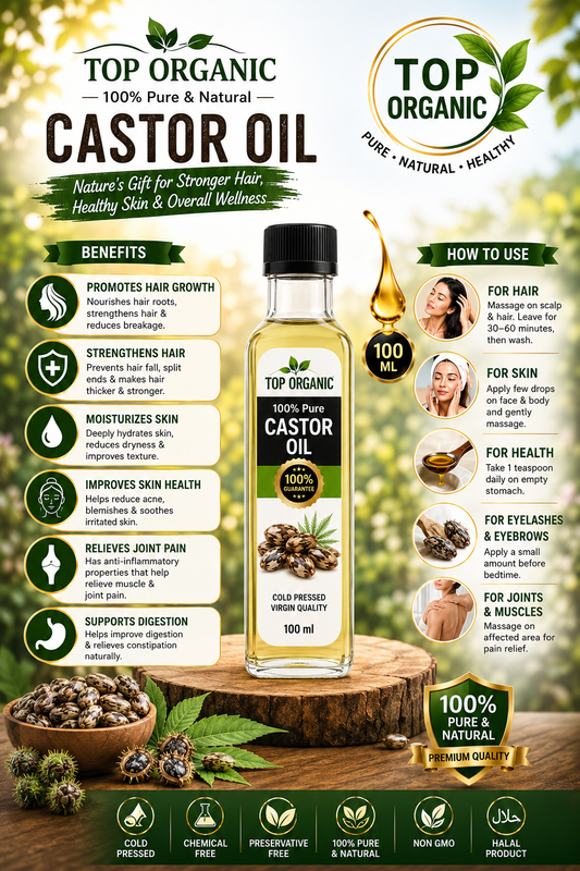 TOP ORGANIC Premium Castor Oil 100ml | 100% Pure Cold Pressed Castor Oil