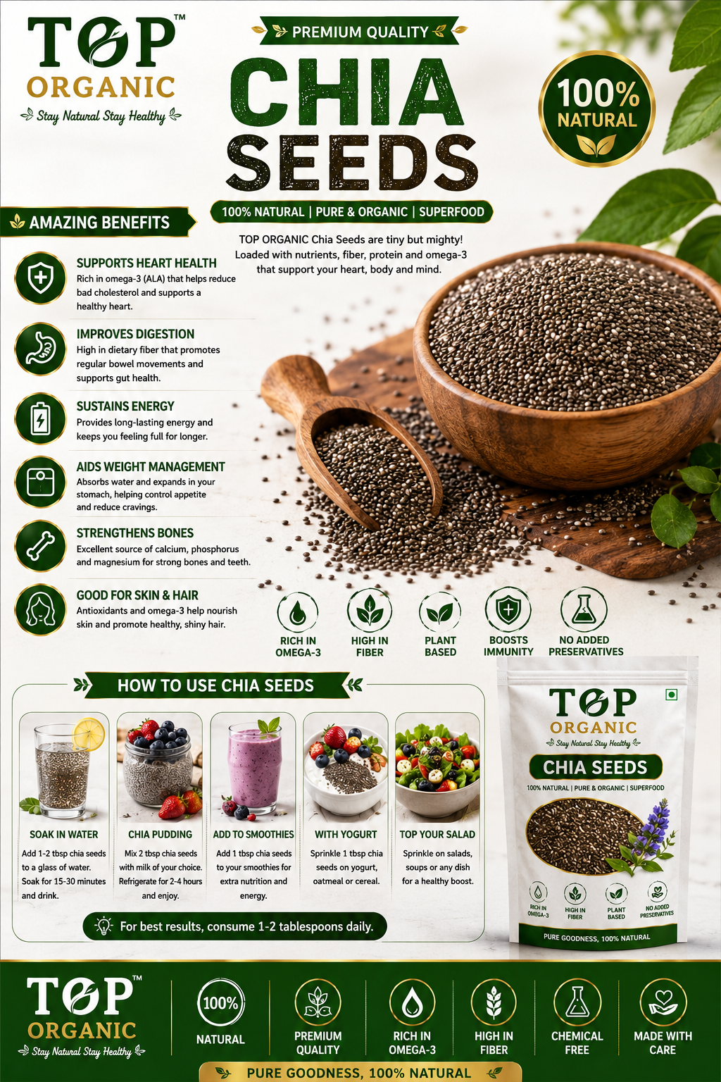TOP ORGANIC Premium Chia Seeds 100g | 100% Natural & Organic Superfood