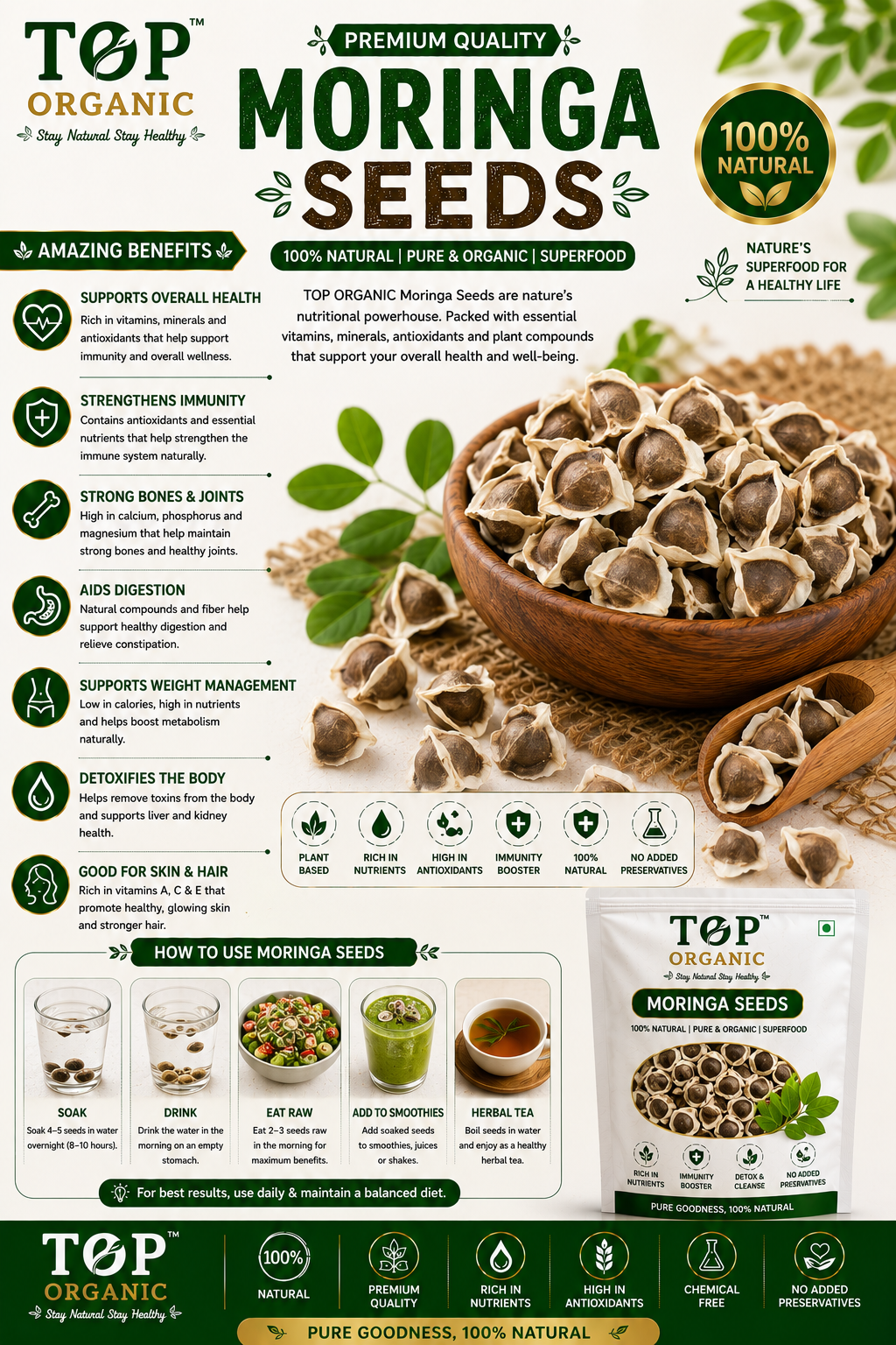 TOP ORGANIC Premium Moringa Seeds 100g | 100% Natural & Premium Quality