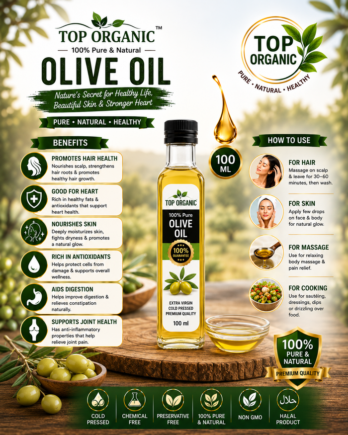 TOP ORGANIC Premium Olive Oil 100ml | 100% Pure Extra Virgin Olive Oil