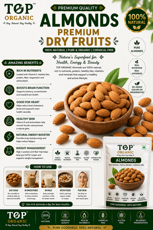 TOP ORGANIC Premium Almonds 100g | 100% Natural & Fresh Almonds | Badam Pakistan