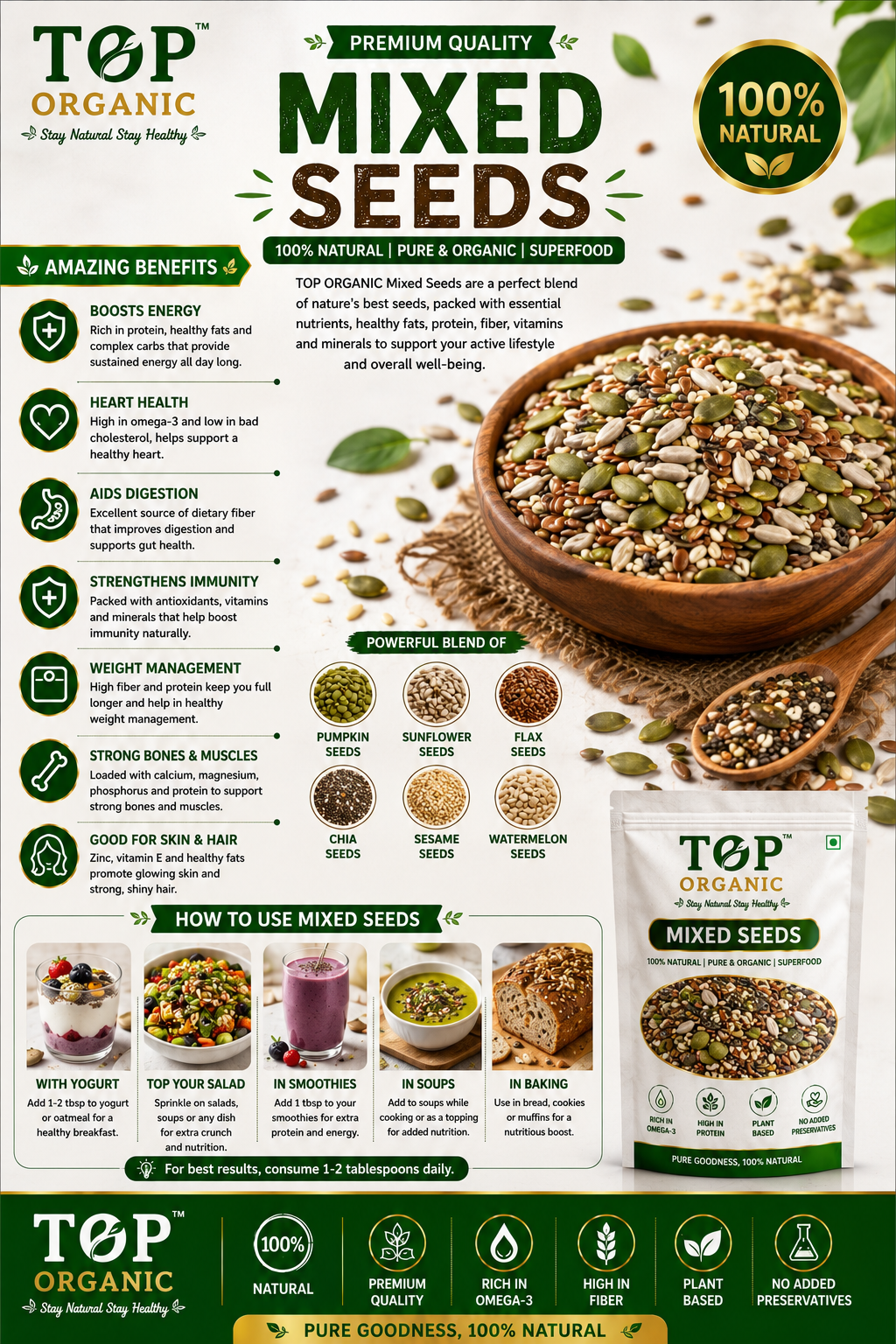 TOP ORGANIC Premium Mixed Seeds 100g | 100% Natural Superfood Seed Mix